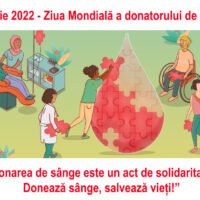 14 iunie 2022 – Ziua Mondială a donatorului de sânge: „Donarea de sânge este un act de solidaritate.  Donează sânge, salvează vieți!”